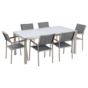 Set di tavolo e sedie da giardino in acciaio granito e rattan 180 cm grigio  lucido GROSSETO 