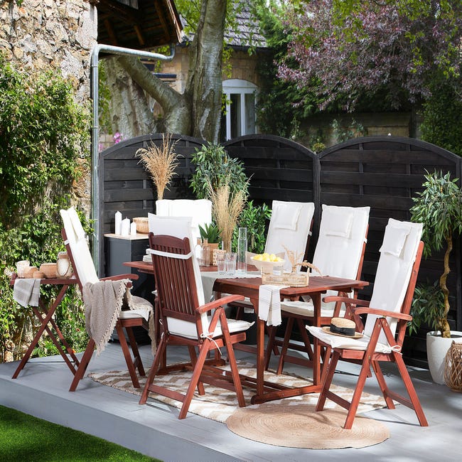 Set da giardino di un tavolo e 8 sedie con cuscini grigi e un ombrellone  MAUI 