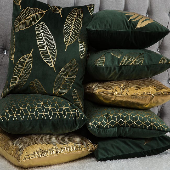 Lot de 2 coussins 45 x 45 cm en velours vert avec motifs