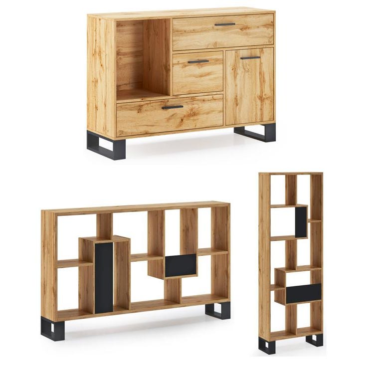Mueble auxiliar con 1 cajón y puertas con estantes de eco madera y acero