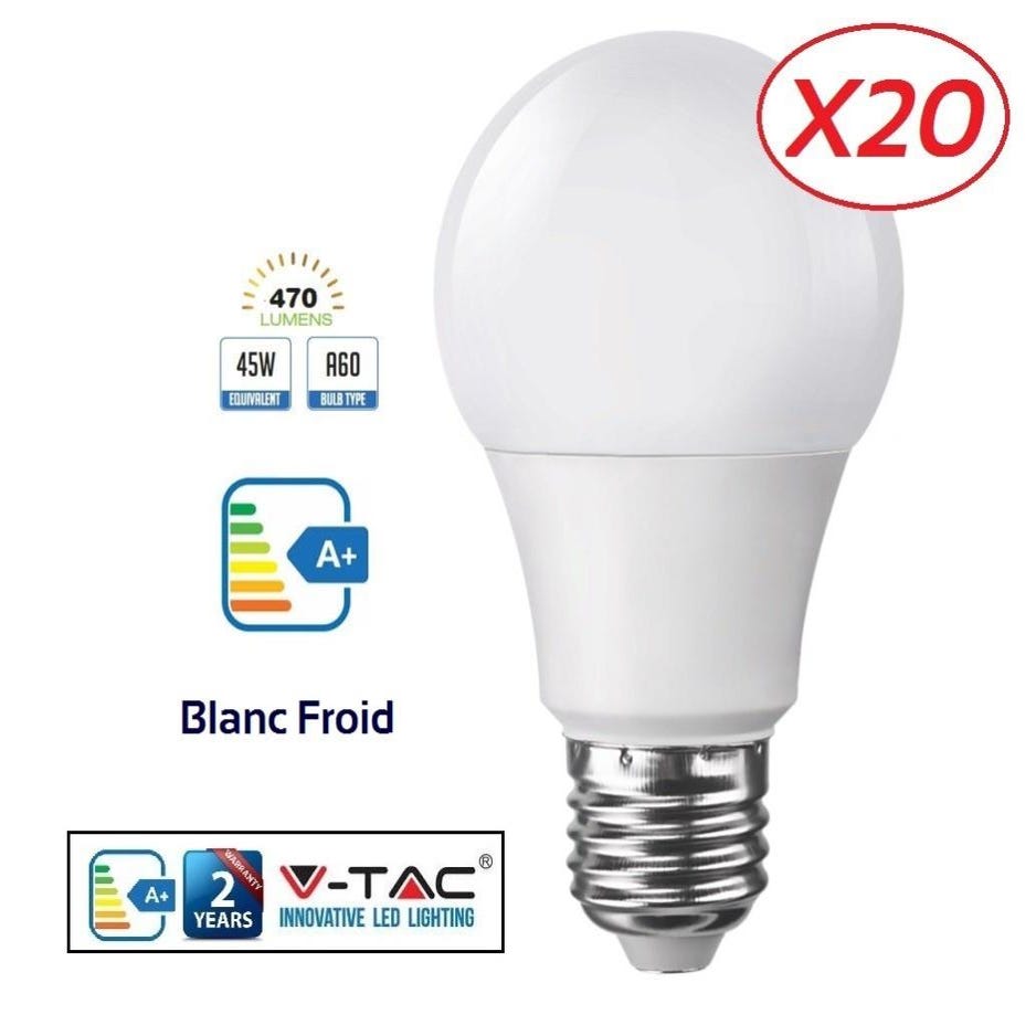 Lot de 20 Ampoules LED V-TAC Culot E27 7W (éq. 45W) 470lm angle 200°  lumière Blanc Froid 6400K