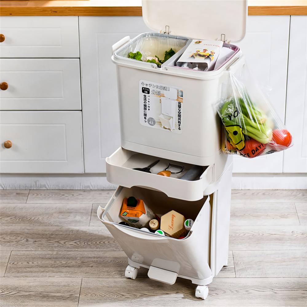 Poubelle Cuisine 3 Compartiments 42L - Tri Sélectif - Pédale Et Roulettes - Plastique ABS - 84x42x28 Cm