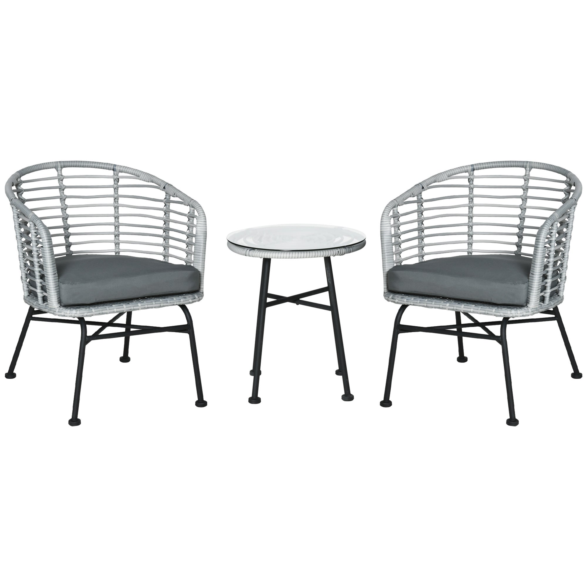 Outsunny Set Mobili da Giardino 3 Pezzi in Rattan, Salotto da Esterno con 1 Tavolino  e 2 Sedie per Terrazza e Bistrò, Grigio