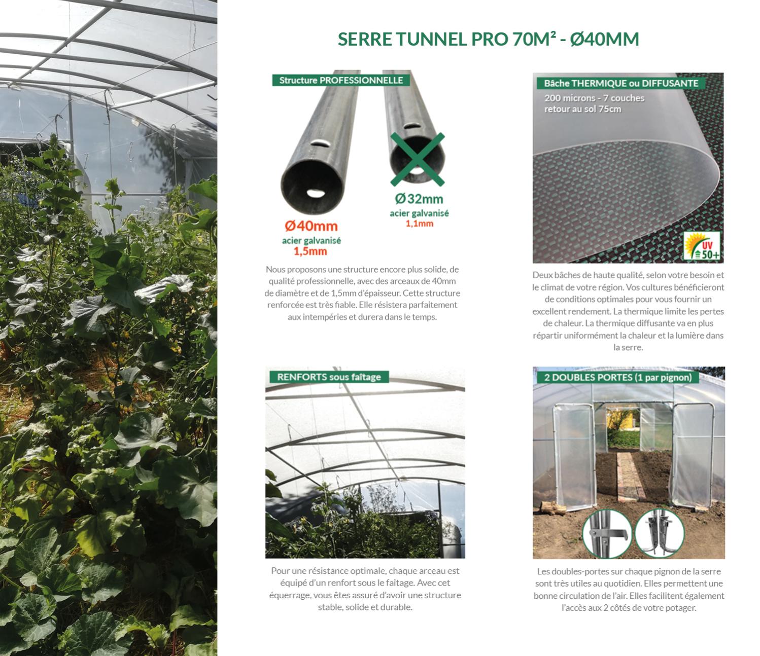 Serre tunnel PROFESSIONNELLE 70m² avec une double-porte par pignon - Bâche thermique diffusante et structure Ø40mm - 2