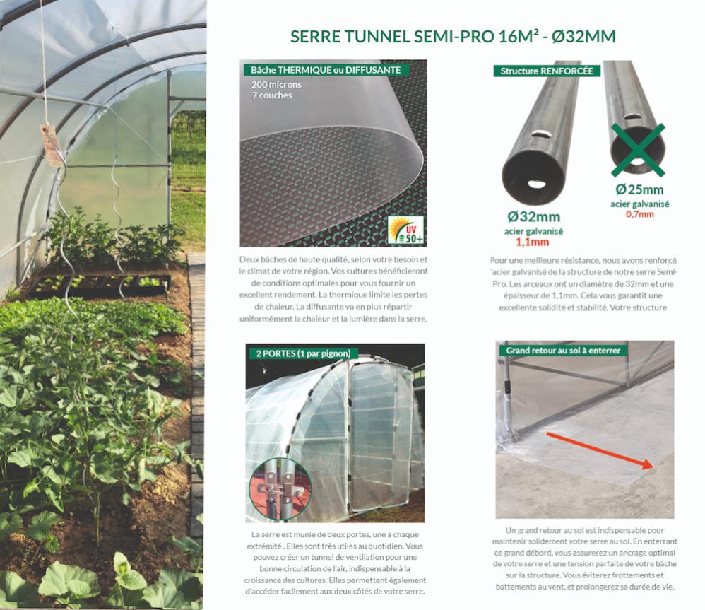 Serre tunnel SEMI-PRO 16m² avec porte sur chaque pignon - Bâche thermique diffusante de haute qualité et structure Ø32mm - 2