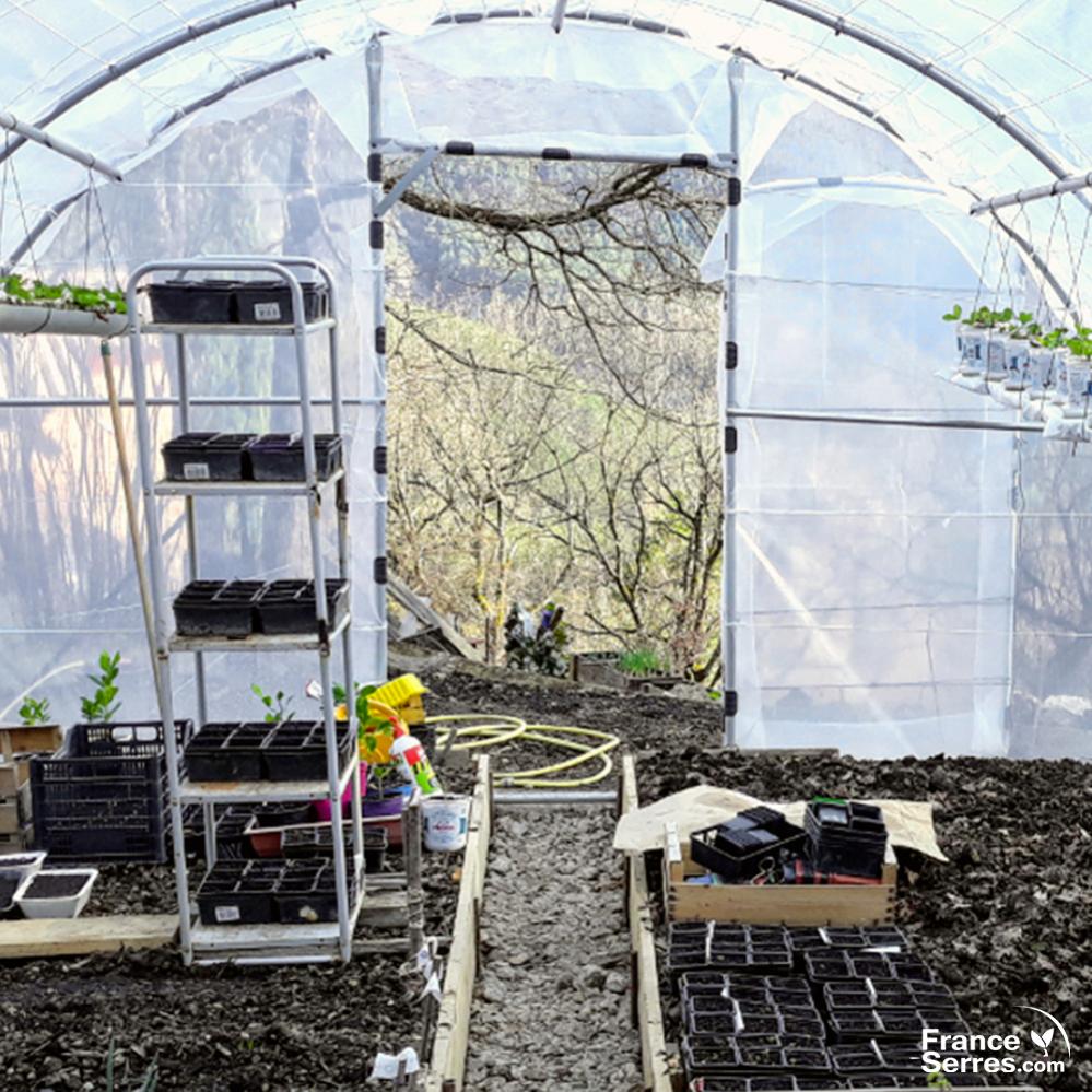 Serre tunnel SEMI-PRO 16m² avec porte sur chaque pignon - Bâche thermique de haute qualité et structure Ø32mm - 3