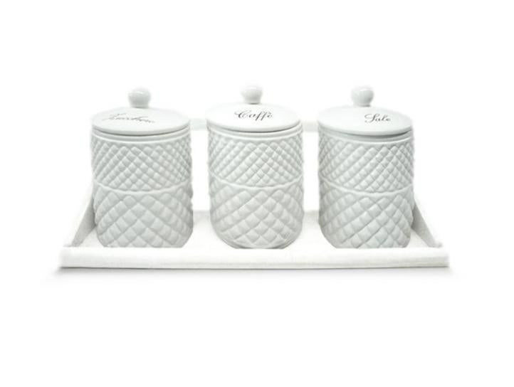 Set Da 3 Barattoli In Ceramica Per Cucina 260ml - Bianco, Con Coperchio In Bambù
