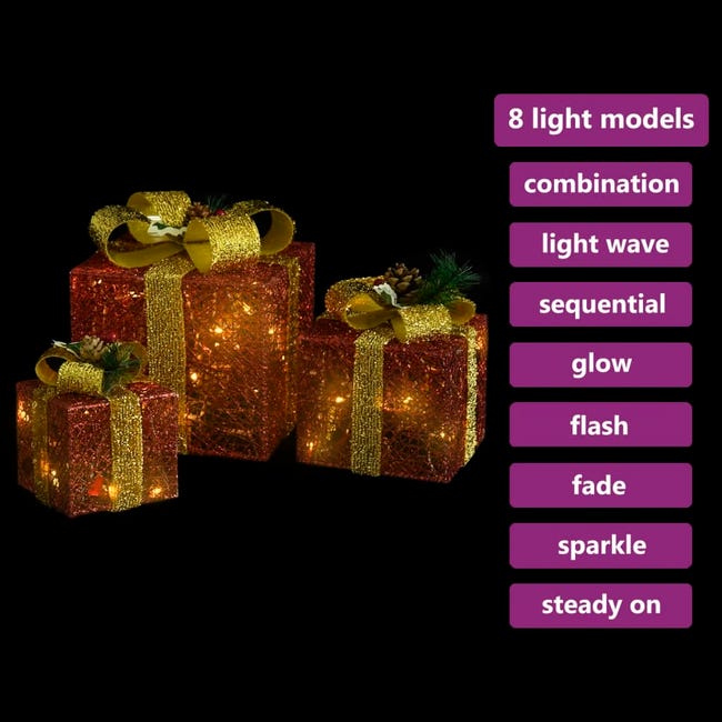 HI Decorazioni Scatole Regalo di Natale 3 pz con LED e Nastri Dorati