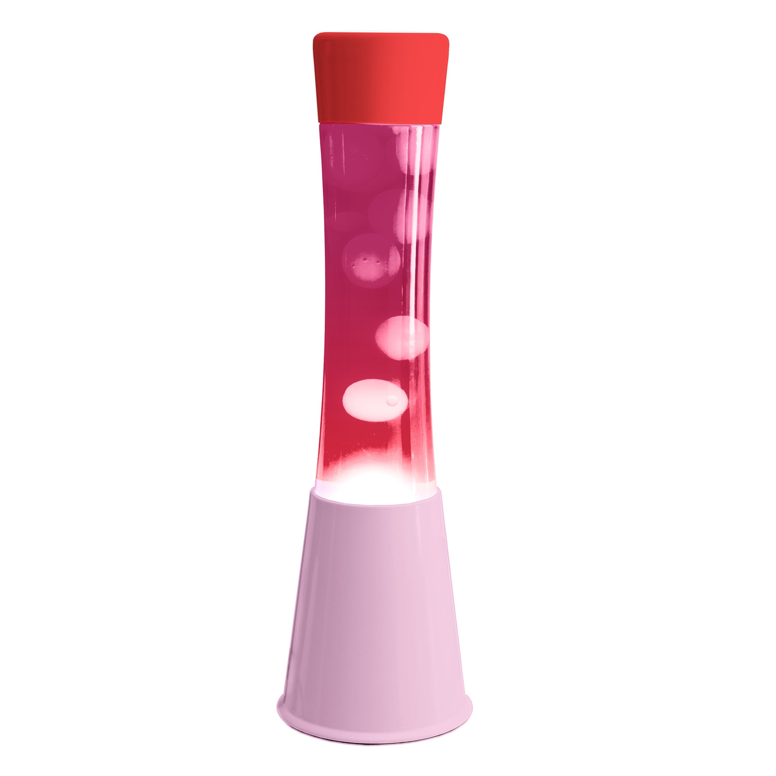 Fisura - lámpara de lava rosa. base rosa, líquido rosa, lava transparente y tapa roja. lámpara efecto relajante. 11 cm x 11cm x 39,5 cm.