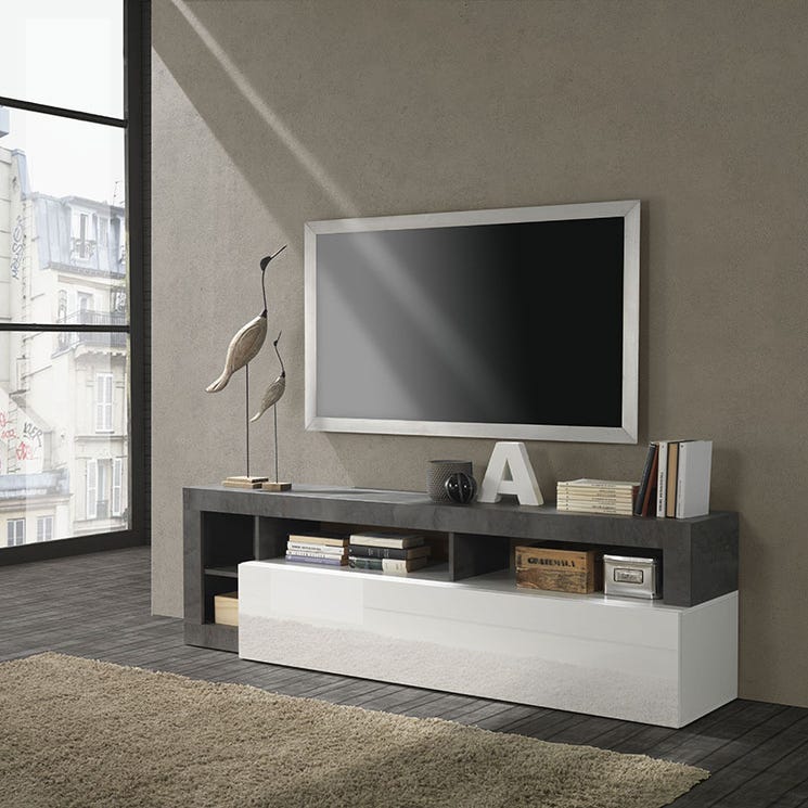 Meuble tv 155 cm blanc mat / facade laqué crème + led - Conforama