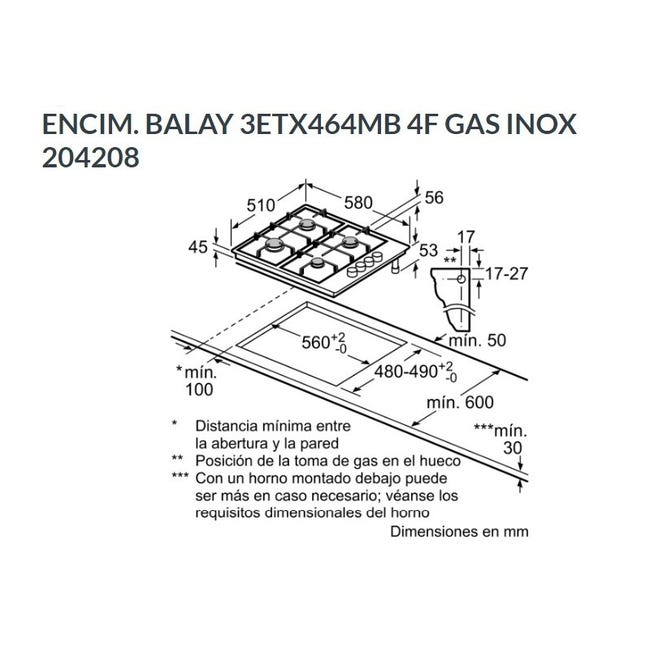 Comprar placa gas Balay 3ETX664MB fuegos inox 60cm
