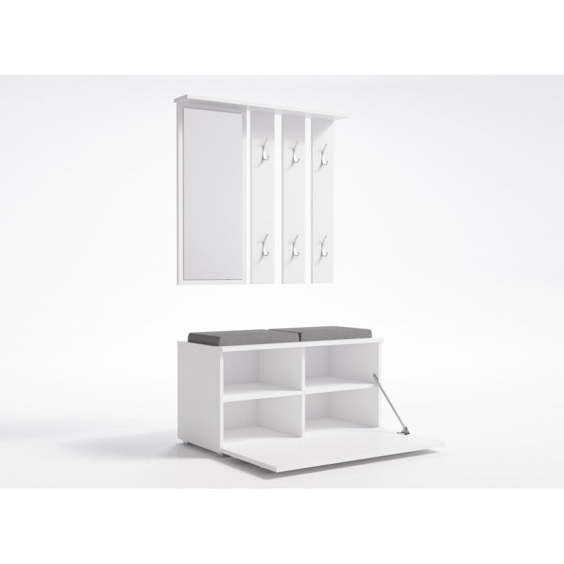 Kathi Meuble D Entree Avec Miroir Banc 35x85x180 Cm Banc Coffre A Chaussures 6 Crochets Vestiaire Blanc Leroy Merlin