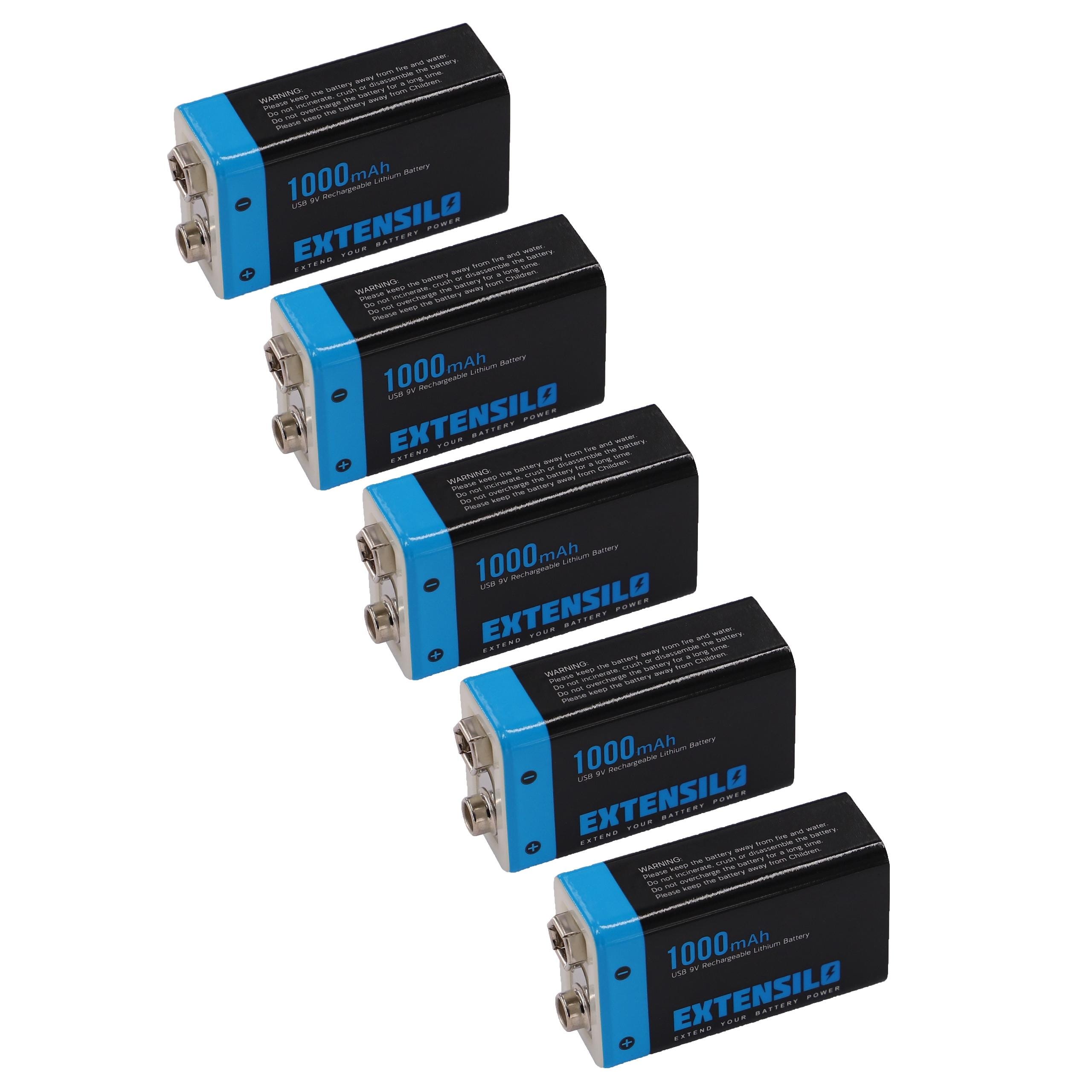 EXTENSILO 5x Piles bloc batterie 9V pour divers appareils (1000mAh, 9V,  Li-ion), prête à l'emploi, avec port micro-USB