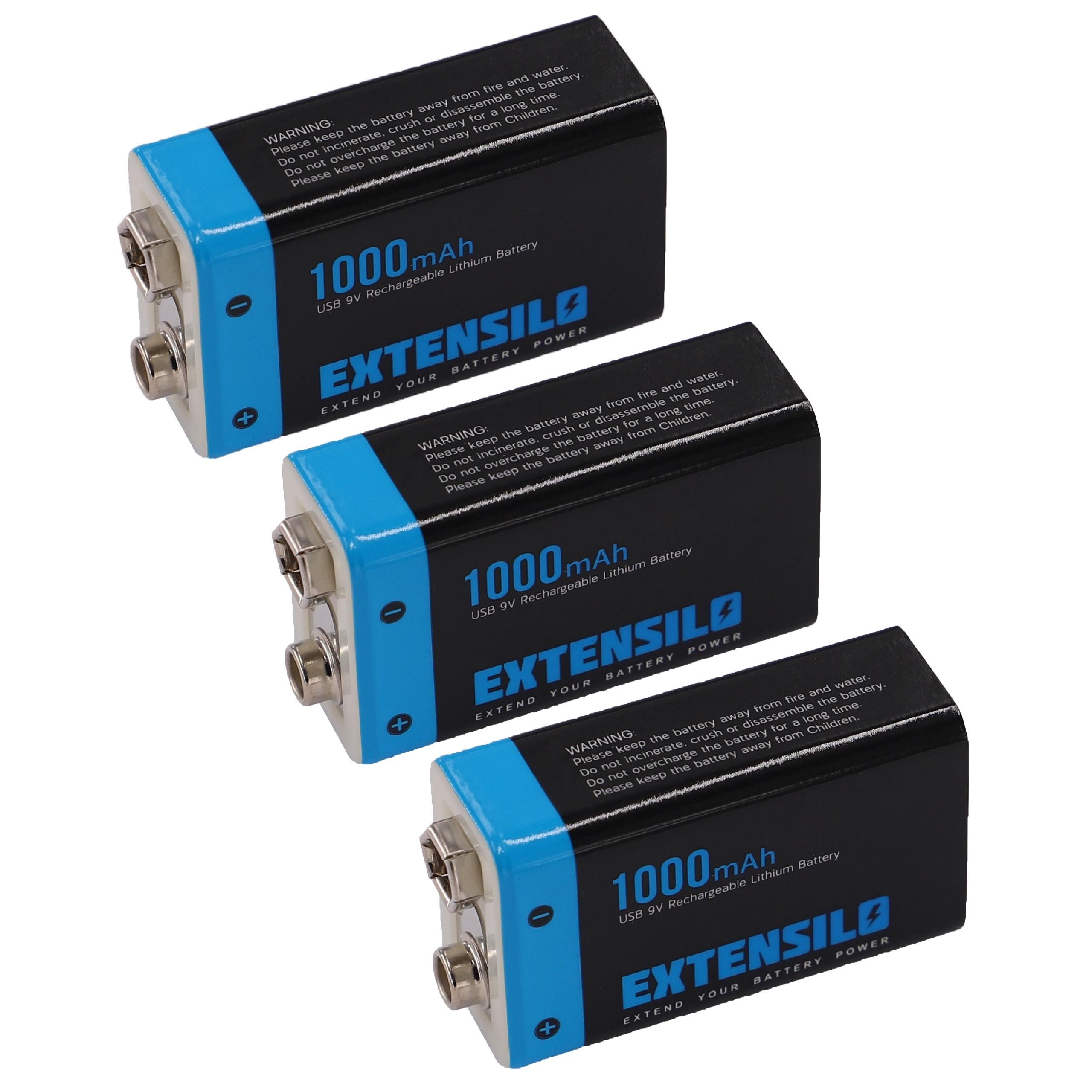 EXTENSILO 3x Piles bloc batterie 9V pour divers appareils (1000mAh, 9V,  Li-ion), prête à l'emploi, avec port micro-USB