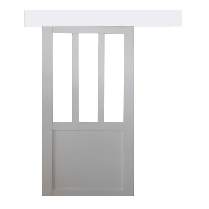 Porte Coulissante vitrée 204x73 avec rail bandeau blanc et coquilles