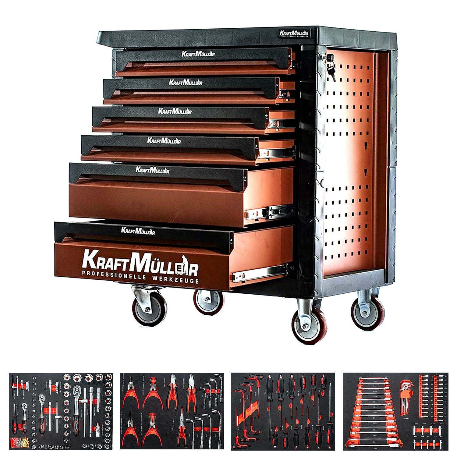 Kraft Muller KM-7-6-535PCS Servante d'atelier 219 outils inclus - 7 tiroirs  & 1 porte - Type chariot avec roulette - Orange - Cdiscount Bricolage