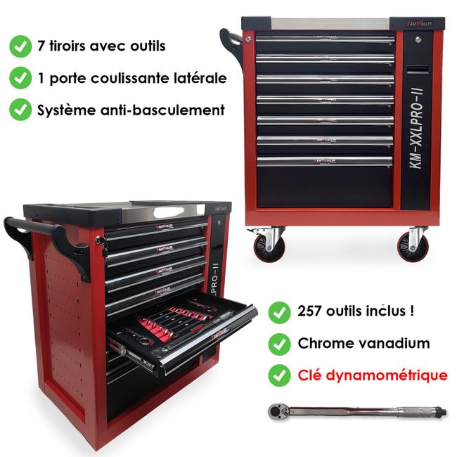 Kraft Muller KM-XXL-PRO-II Servante d'atelier 257 outils - Clé  dynamométrique - 7 tiroirs & 1 coulissant - Modèle rouge & noir