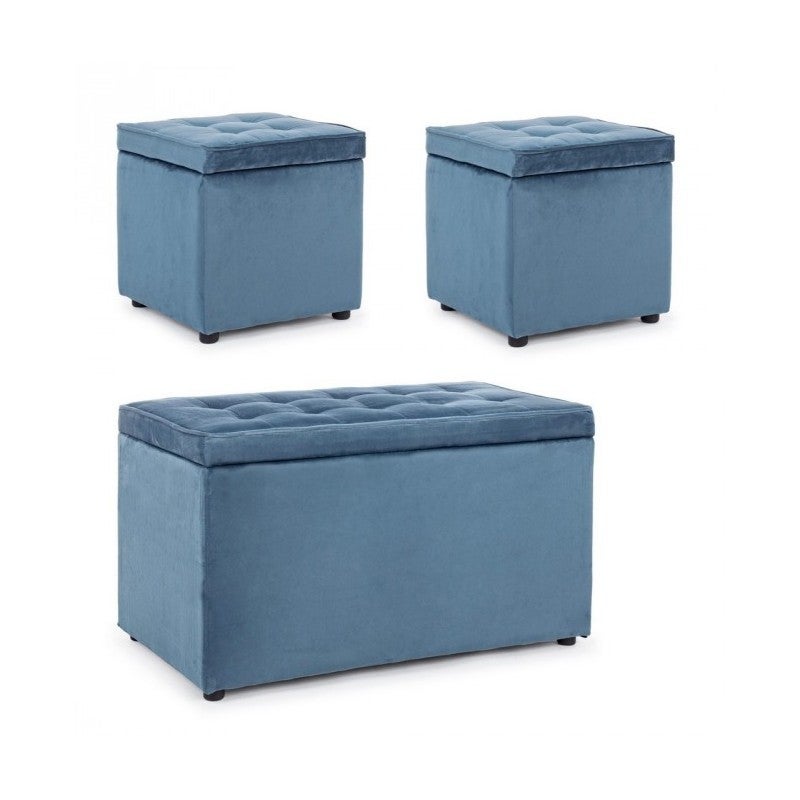 Conjunto de 3, banco y dos pufs en terciopelo azul