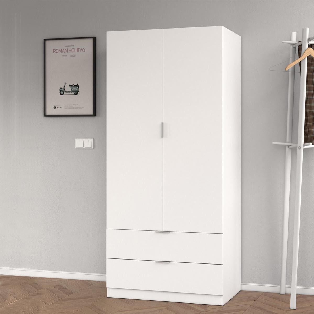 Armadio a 2 ante e 1 cassetto con asta appendiabiti - Bianco e Beige Armadio a 2 ante e 1 cassetto con asta appendiabiti - Bianco e Beige
