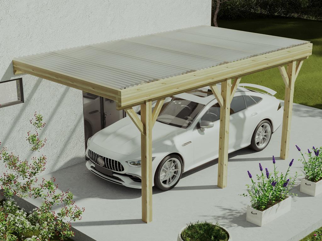 Carport pergola simple adossé en bois traité - avec toit en PVC - 1 voiture  - 15 m² - HELENE