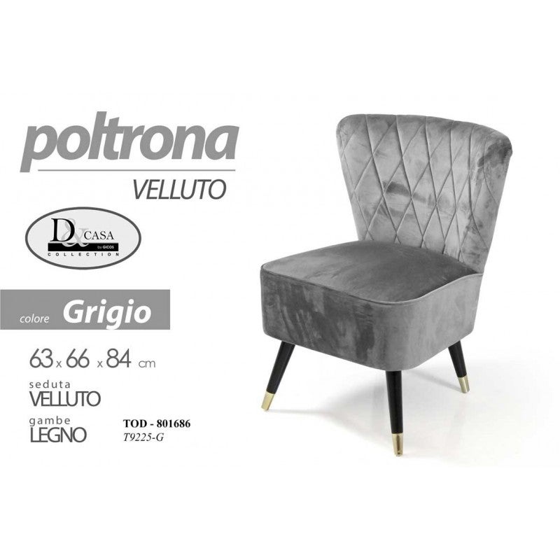 Poltrona da camera in velluto grigio cm 63 x 66 x 84 h