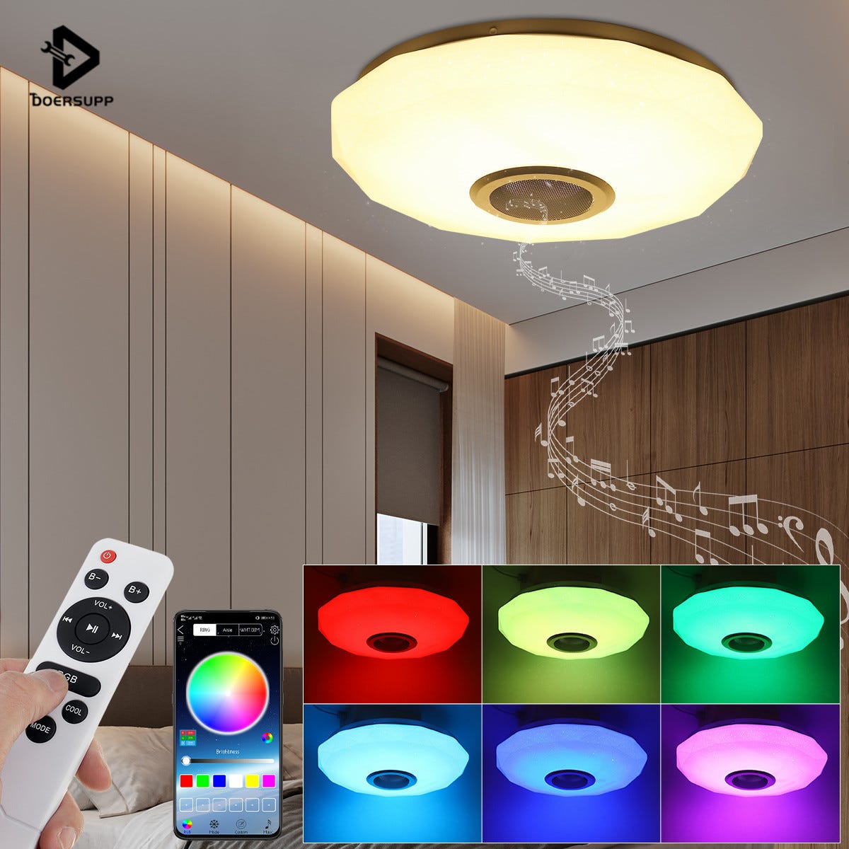 Plafonnier LED RGB dimmable multicouleur 36W Diam.30cm Bluetooth avec haut  parleur
