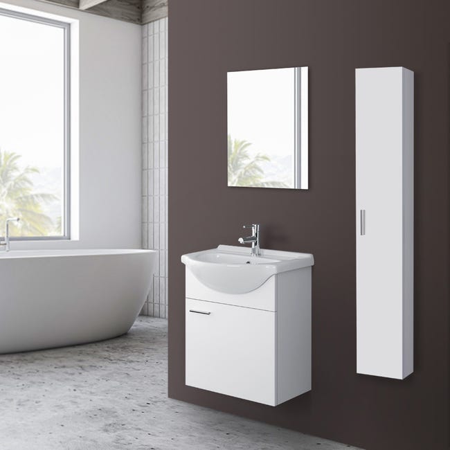 Mobiletto bagno sospeso 56x45 cm 1 anta bianco con lavandino e specchio  inclusi