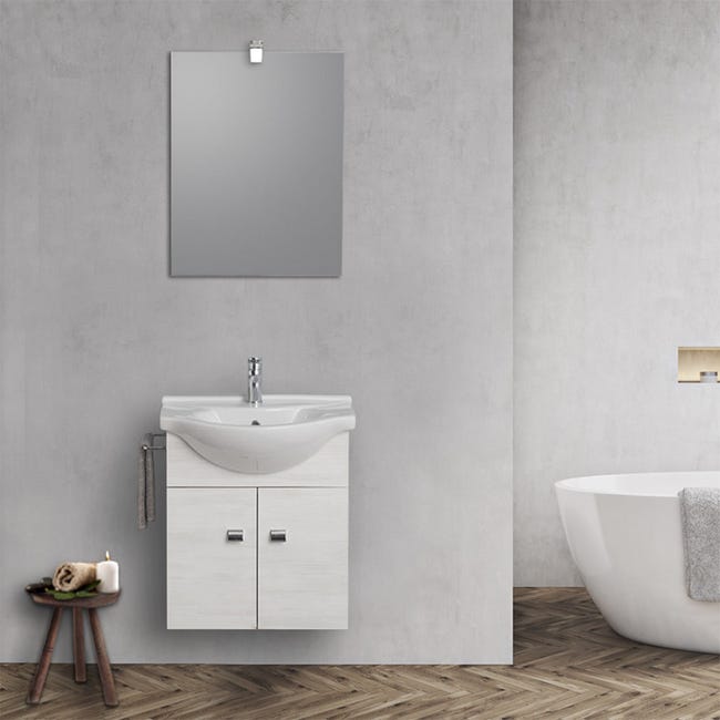 Mobiletto da bagno sospeso 55 cm rovere bianco con lavabo e specchio  incluso