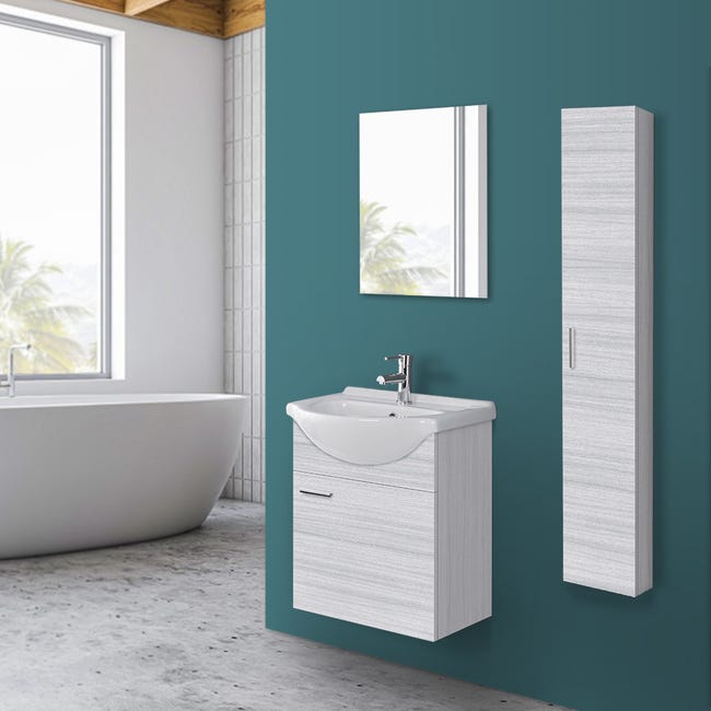 Mobiletto bagno sospeso 56x45 cm 1 anta grigio con lavandino e specchio  inclusi