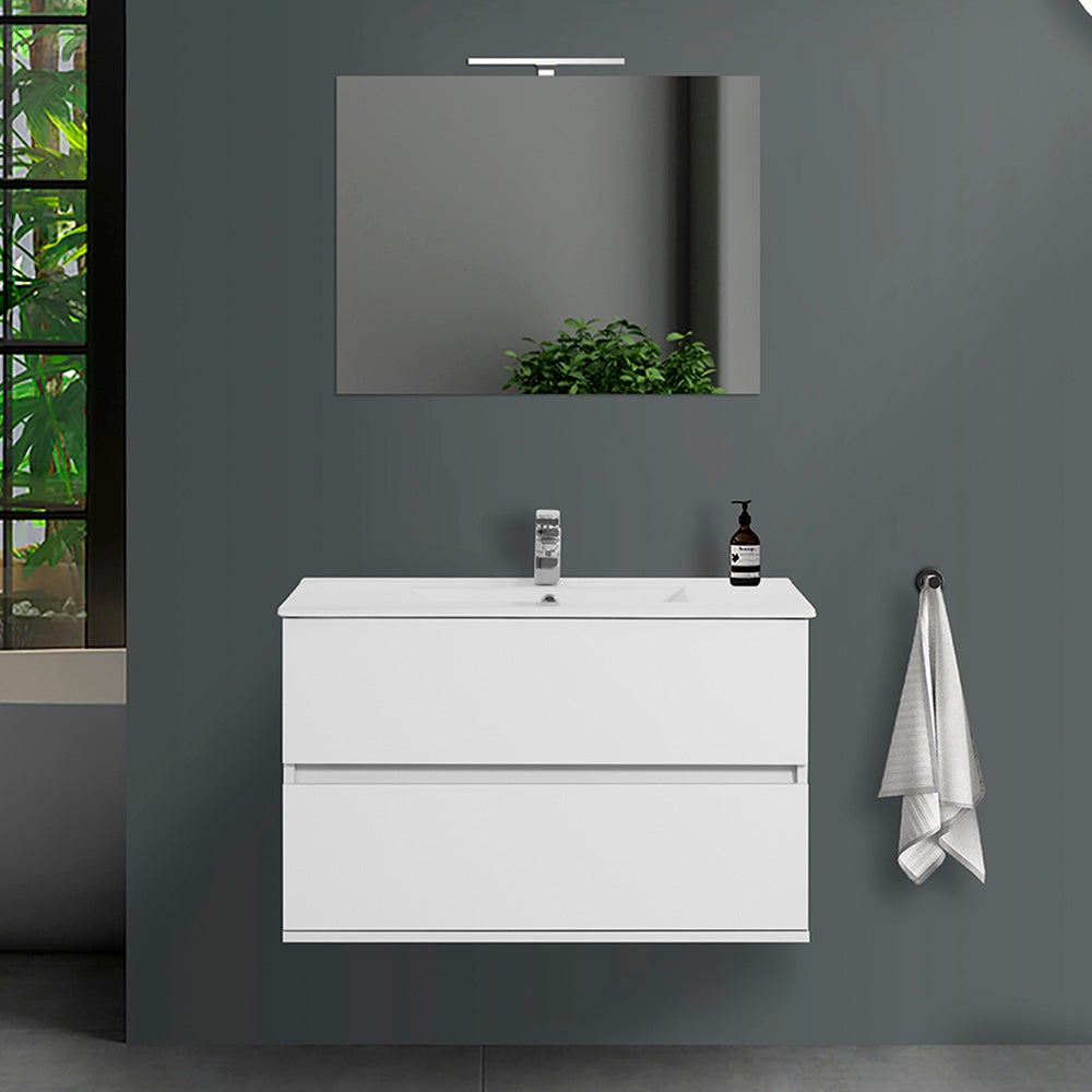 Mobile bagno sospeso sotto lavabo moderno 2 cassetti bianco laccato con specchio 