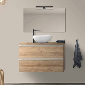 MOBILE BAGNO SOSPESO 100CM BIANCO LUCIDO TOP ROVERE LAVABO A