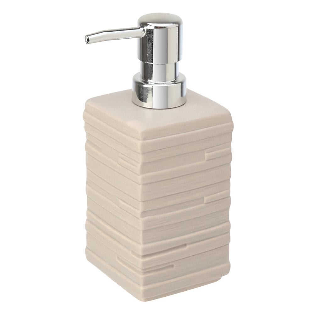 Dispenser Di Sapone Schiumogeno In Ceramica Beige Maculata - Design A Coste Con Pompa Grigia - 350 Ml Per Bagno O Cucina