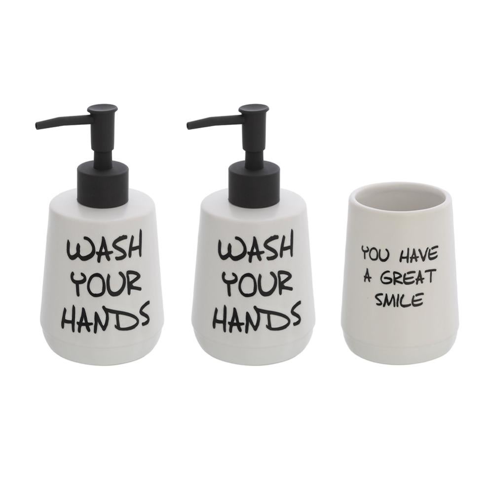 URBNLIVING Set Bagno 3 Pezzi In Ceramica Lucida Nera – Scopino WC, Dispenser Sapone E Portaspazzolino, Con Manico Acciaio Inox