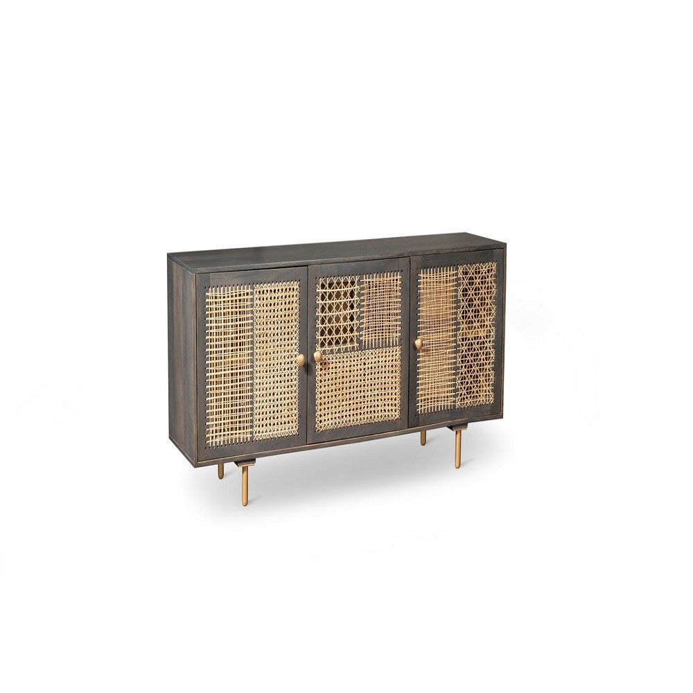 Aparador moderno gris oscuro con mimbre dorado cm 160 x 38 xh 75