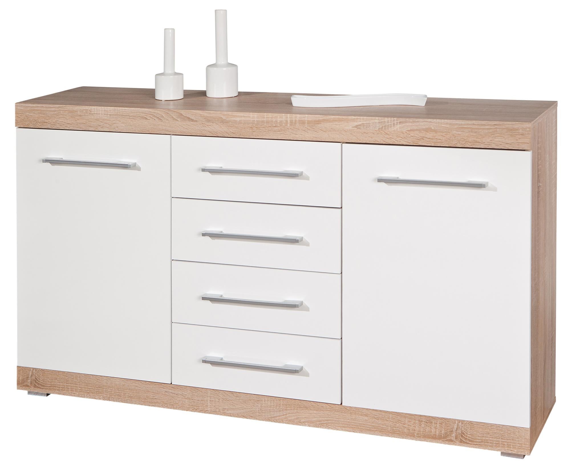 Sweiko Cassettiera Moderna 160 Cm Con 2 Ante E 4 Cassetti, Bianco E Legno, Ripiani In Vetro, Maniglie Dorate E Luci LED 15 Colori - 2
