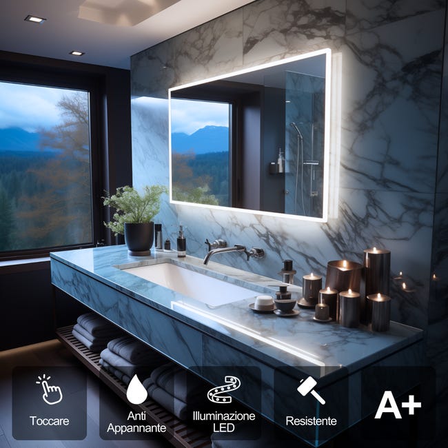 FABS Specchio da scrivania illuminato con luci LED touch, sensore dimmerabile, anello illuminato, cornice nera e supporto (Monaco Nights FABS Specchio da scrivania illuminato con luci LED touch, sensore dimmerabile, anello illuminato, cornice nera e supporto (Monaco Nights