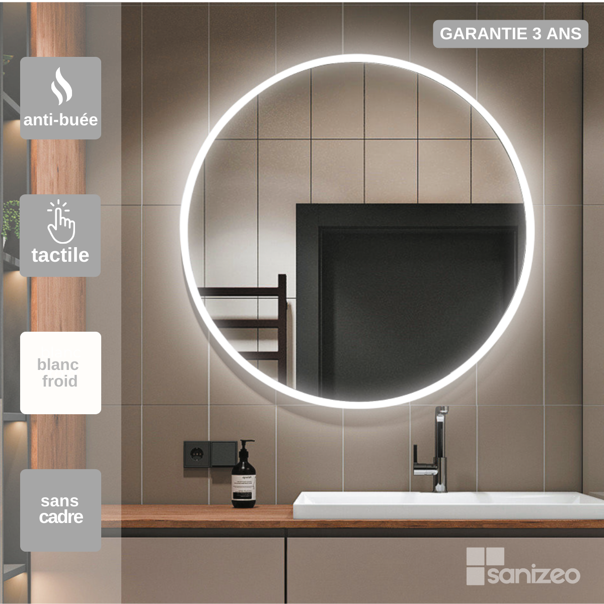 Espejo de baño Led redondo - de Ø50 cm de diámetro - Iluminado por LED con  IRC >80 – Sensor antivaho – Sensor on/off – Modelo LONDRES