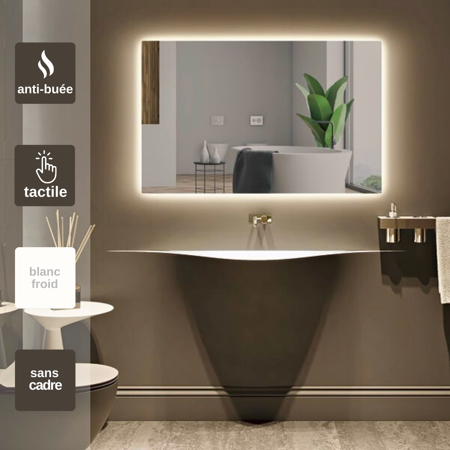 Miroir lumineux salle de bain LED 115 x 66 cm avec bouton sensitif