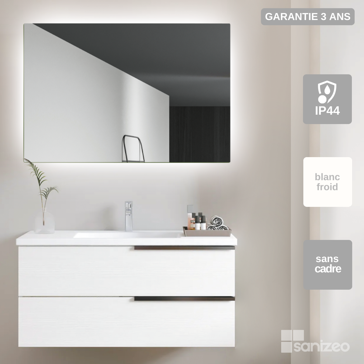 Espejo de baño Led cuadrado - medida 100 x 80 cm - Retroluminación por LED  con IRC >80 – Sensor antivaho – Sensor on/off - Luz fria – Modelo ITALIA