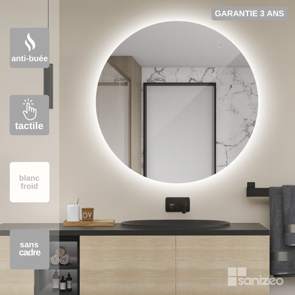 Specchio per bagno da parete illuminato con illuminazione a LED integrata  retroilluminata, circolare Ø 80 cm, XPERTIALS Siro