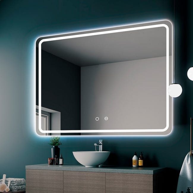 Espejo de baño cuadrado con luz led frontal y con marco negro Serie Suiza -  Espejo Baño