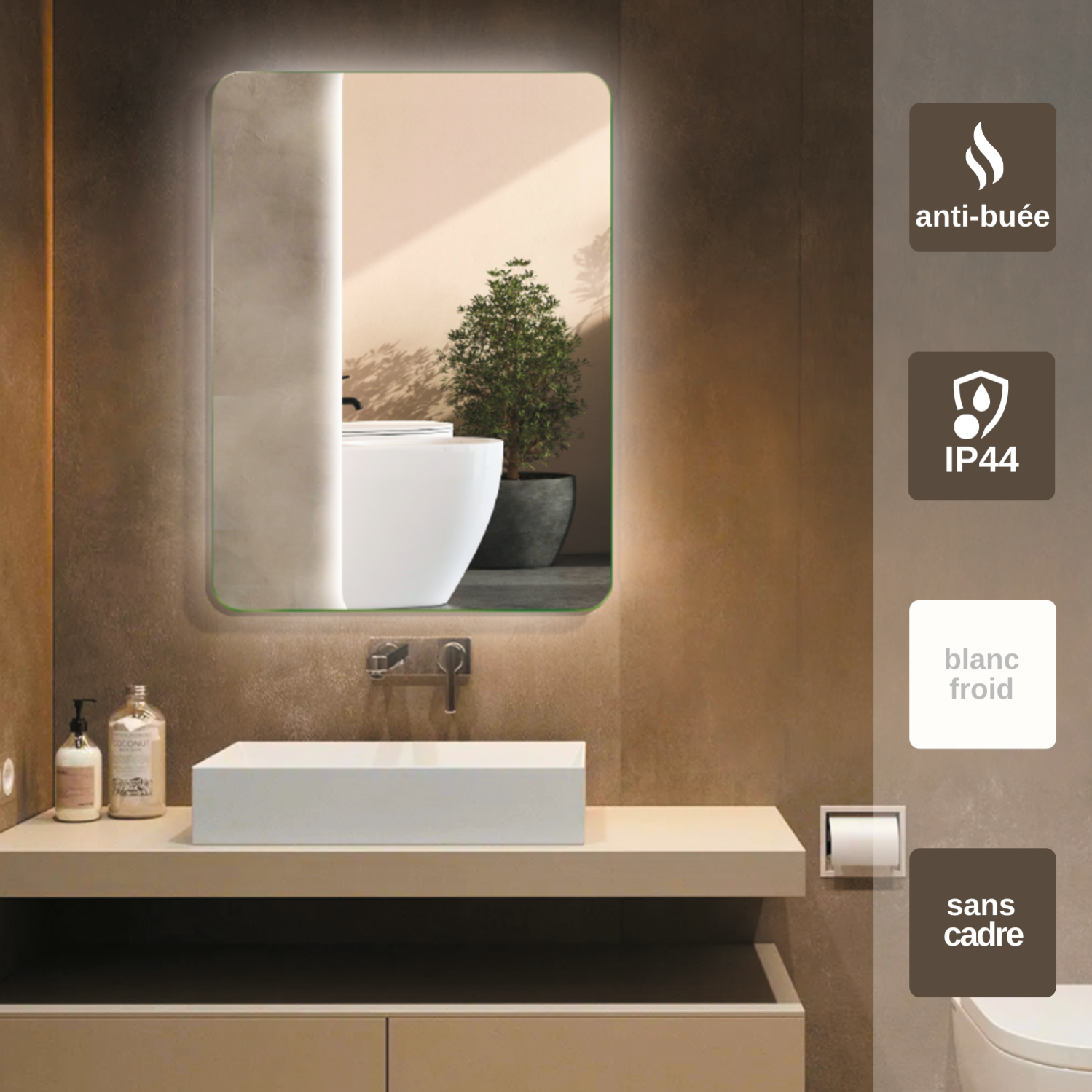 Specchio Da Bagno Illuminato A LED ODDSAN, 70x80 Cm, Con Luci Anteriori E Retroilluminazione, Dimmerabile, Anti-appannamento, Vetro Temperato, ETL Listed