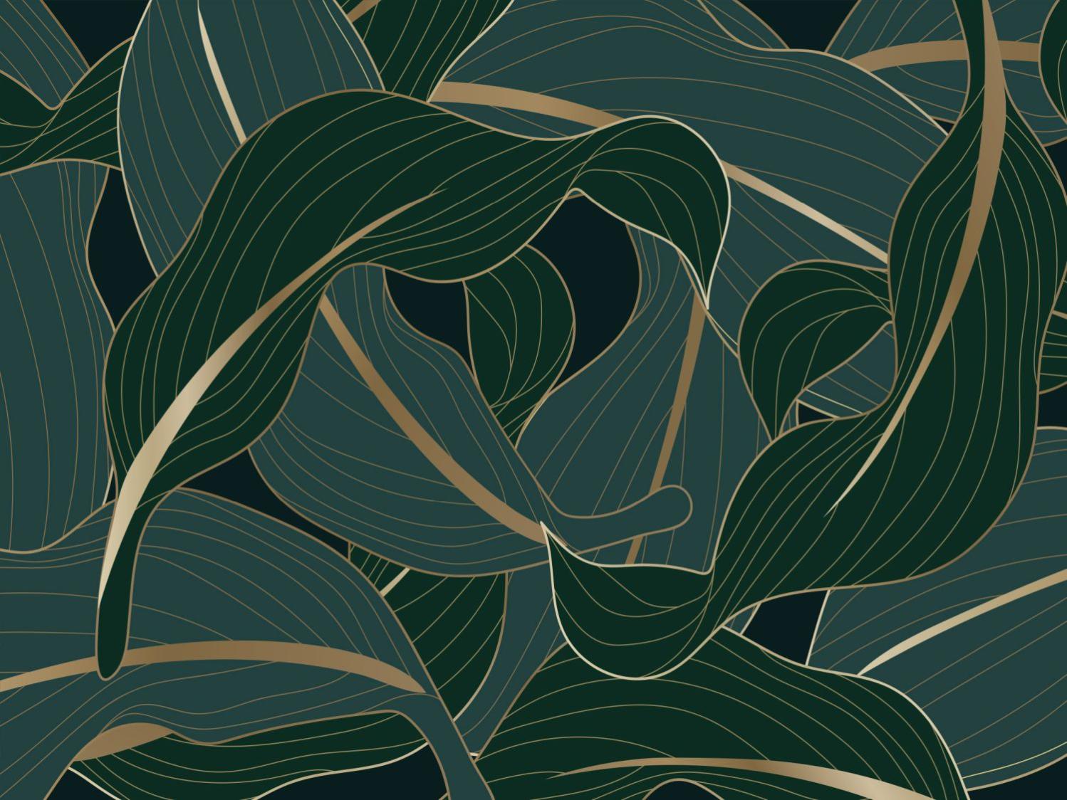 Papier peint panoramique feuilles vert, bleu canard et or - 3,6 x 2,7 m