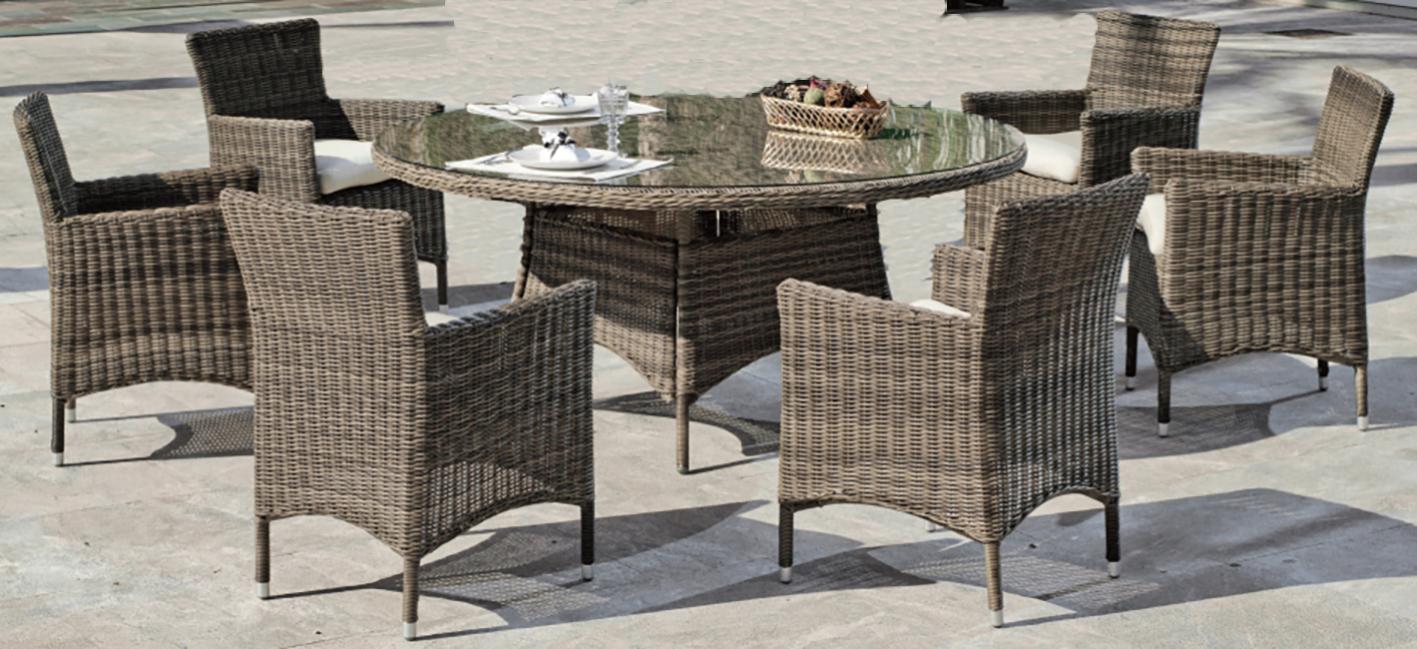 Set de jardin en rotin synthétique, table ronde et 6 fauteuils avec