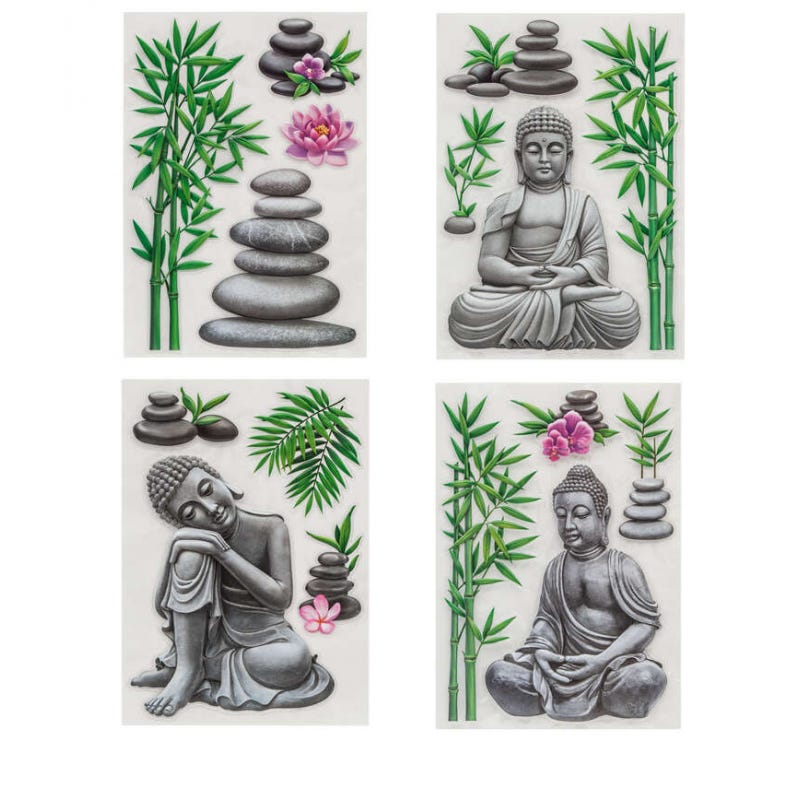Lot de 4 stickers bouddha effet relief - 29 x 40,5 cm - Blanc et