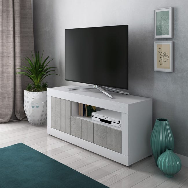 Habubu tubo respirador Empírico Mueble para TV para sala de estar, Aparador con estantes y estantes,  Soporte para TV para sala de estar, 137x42h56 cm, Color blanco y cemento |  Leroy Merlin