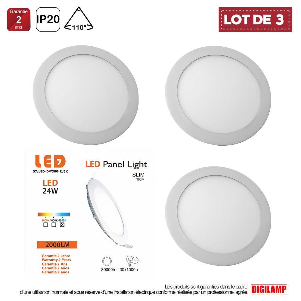 Lot de 3 Spot Encastrable LED Downlight Panel Extra-Plat 7W Blanc Froid  6000K