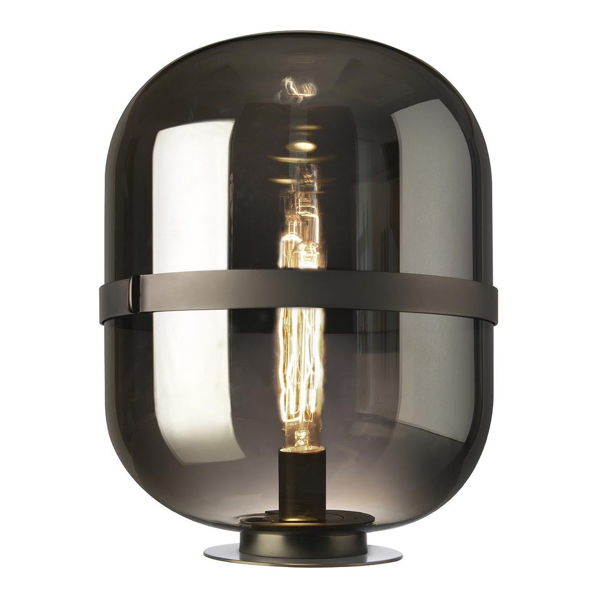 Lampe à poser en métal finition brun argenté et dôme en verre blanc fumé,  style ferronnerie