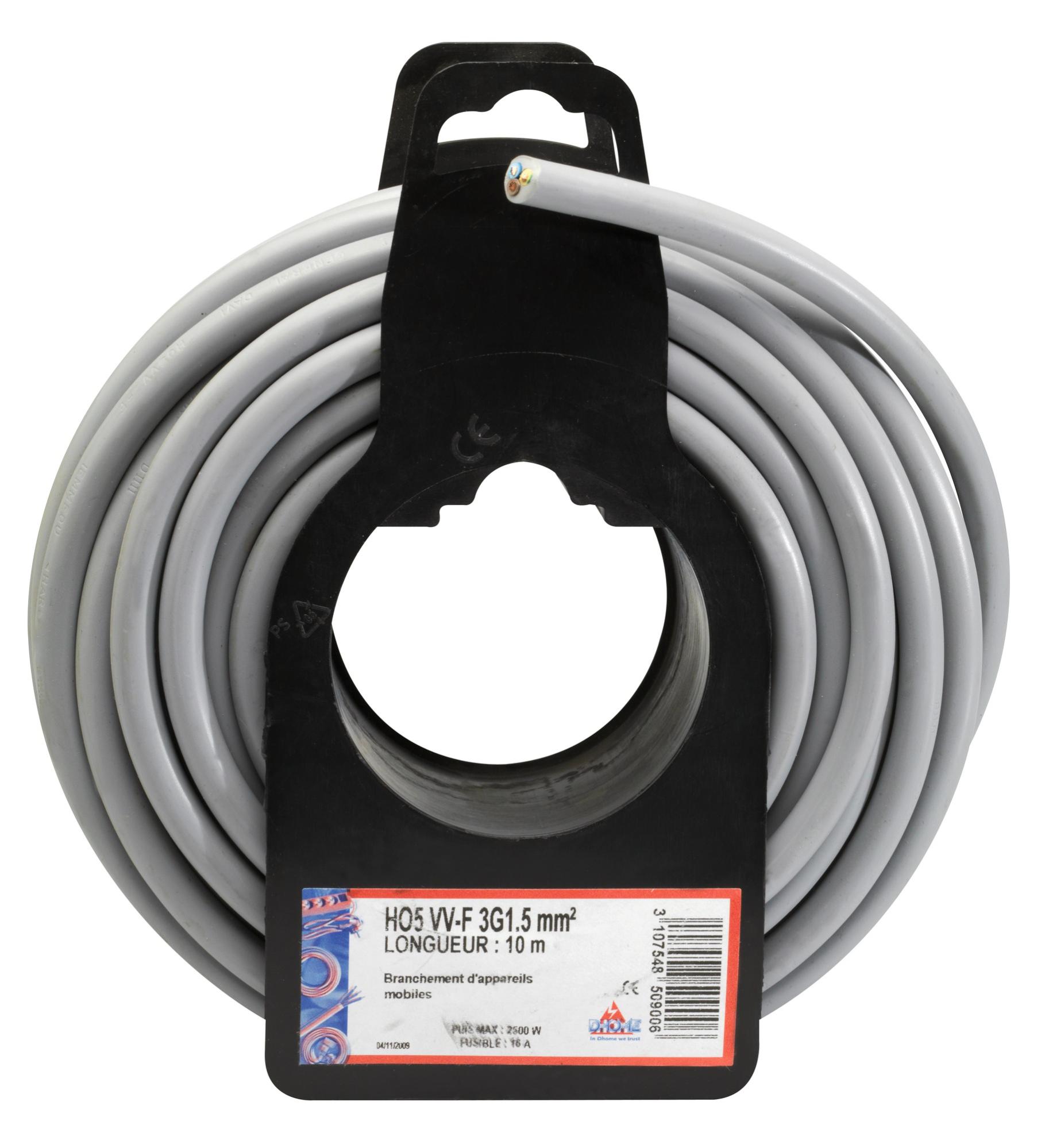 Câble H05 VV-F 3G 1,5 mm² Dhome - Gris - Longueur 10 m | Leroy Merlin