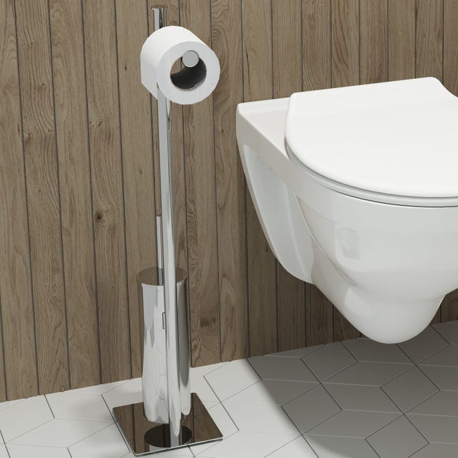 Valet WC VERRY avec dérouleur papier WC, réserve papier et brosse WC chromé  - Base en verre trempé - Brico Privé